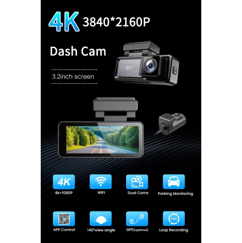 4K+1080p dual-camera dashcam, WiFi mobile connectivity, 3.2-inch screen, loop recording, G-sensor, front and rear video recording, HD wide-angle