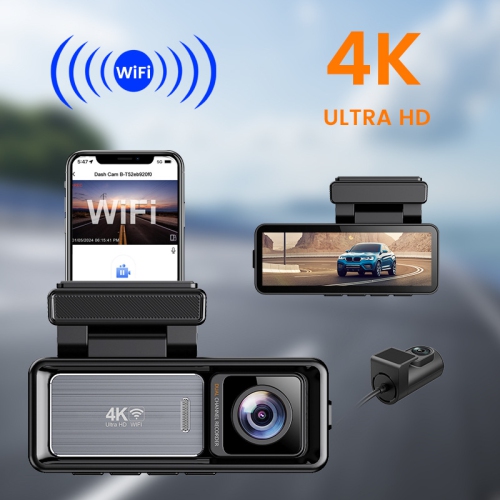 4K dual-camera dashcam with WiFi and GPS, 3.2-inch screen, HD wide-angle monitoring, G-sensor, night vision, loop recording, and in-car DVR