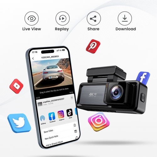 4K dual-camera dashcam with WiFi and GPS, 3.2-inch screen, HD wide-angle monitoring, G-sensor, night vision, loop recording, and in-car DVR