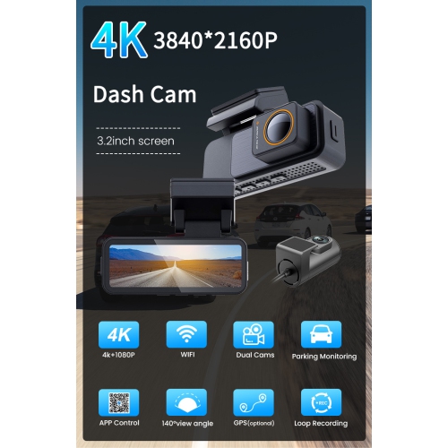 Dual-Camera Dash Cam - 4K Starlight Night Vision, Front and Rear Dual Recording, Wi-Fi Mobile Connectivity, Dual-Lens Car DVR, Gravity Sensor
