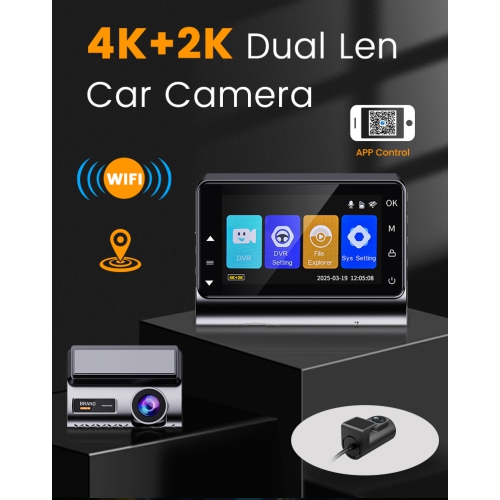 4K+2K front and rear dual-camera dashcam with 3-inch screen, WiFi mobile connectivity, GPS tracking, collision sensing, reverse image, DVR parking