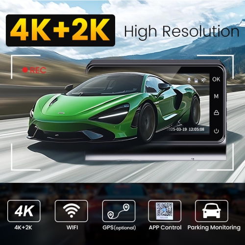 4K+2K front and rear dual-camera dashcam with 3-inch screen, WiFi mobile connectivity, GPS tracking, collision sensing, reverse image, DVR parking