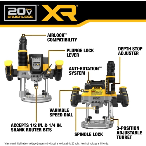 DEWALT 20V MAX XR 2-1/4 HP Plunge Router, Variable Speed with Perform & Protect Technology
