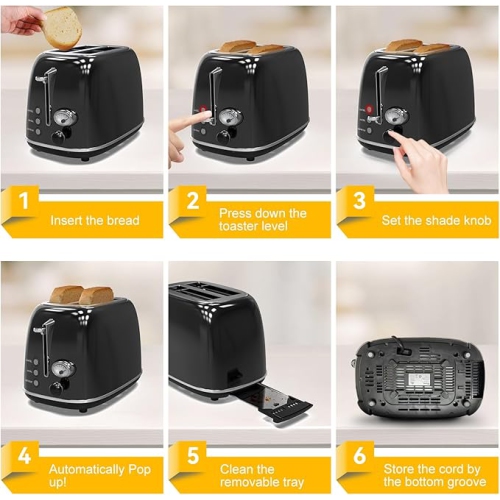 Toaster 2 slice, KitchMix Retro Stainless Steel Toaster with 6 Settings, 1.5 In Extra Wide Slots, Bagel/Defrost/Cancel Function, Removable Crumb Tray