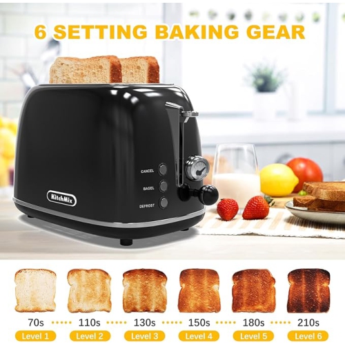 Toaster 2 slice, KitchMix Retro Stainless Steel Toaster with 6 Settings, 1.5 In Extra Wide Slots, Bagel/Defrost/Cancel Function, Removable Crumb Tray