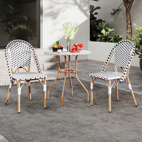 Gymax 3 Piece French Bistro Table Chair Set Outdoor Wicker Round Table & 2 Dining Chairs