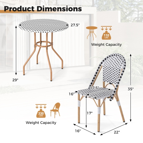 Gymax 3 Piece French Bistro Table Chair Set Outdoor Wicker Round Table & 2 Dining Chairs