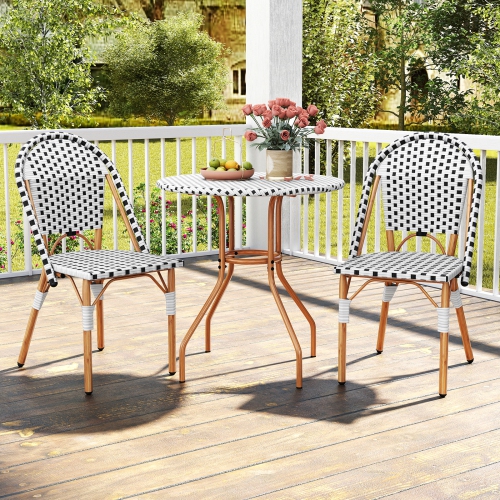 Gymax 3 Piece French Bistro Table Chair Set Outdoor Wicker Round Table & 2 Dining Chairs