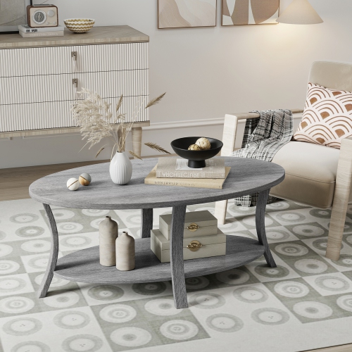Gymax 2-Tier Oval Coffee Table w/ Storage Shelf Rubber Wood Accent Tea Table