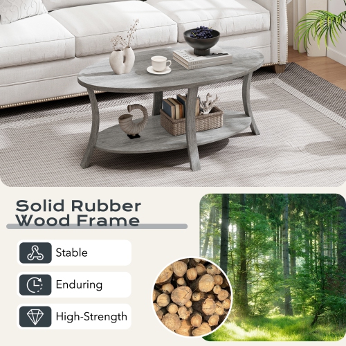 Gymax 2-Tier Oval Coffee Table w/ Storage Shelf Rubber Wood Accent Tea Table