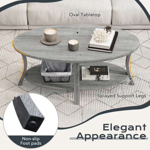 Gymax 2-Tier Oval Coffee Table w/ Storage Shelf Rubber Wood Accent Tea Table