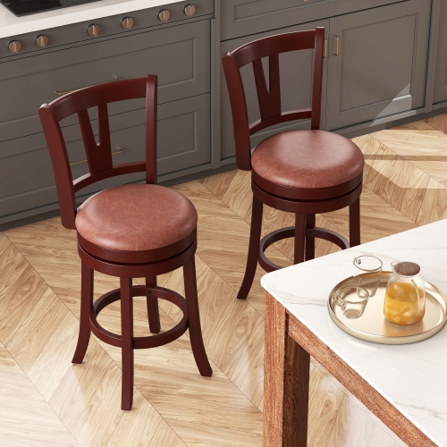 Gymax 26'' Counter Height Swivel Barstools Set of 2 High Backs & Footrests Solid Wood