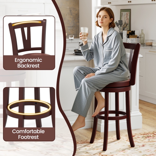Gymax 30'' Bar Height Swivel Barstools Set of 2 High Backs & Footrests Solid Wood