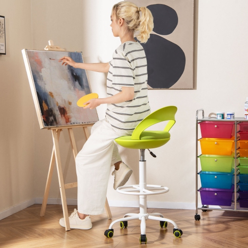 Gymax 2 PCS Drafting Stool Rolling Tall Desk Chair w/ Wheels Low Backrest Footrest Green