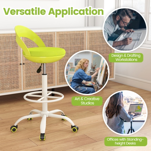 Gymax 2 PCS Drafting Stool Rolling Tall Desk Chair w/ Wheels Low Backrest Footrest Green