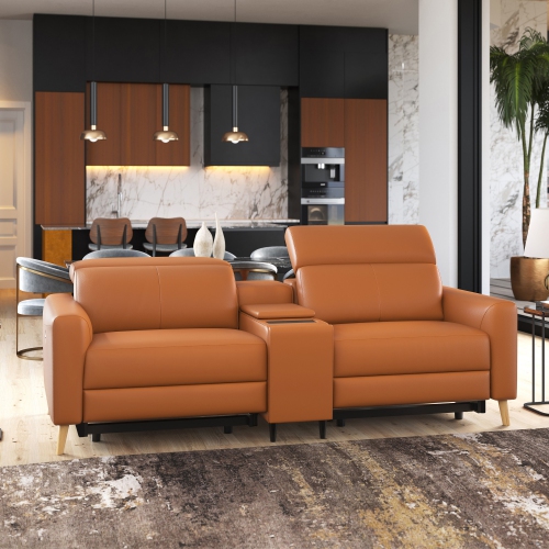Valencia – Causeuse inclinable double en cuir Elodie avec console, cognac