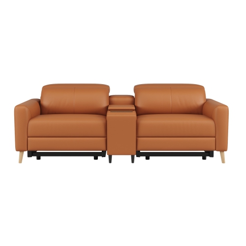 Valencia – Causeuse inclinable double en cuir Elodie avec console, cognac