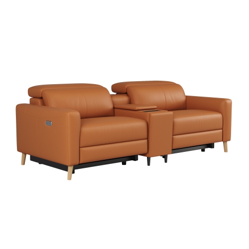 Valencia – Causeuse inclinable double en cuir Elodie avec console, cognac