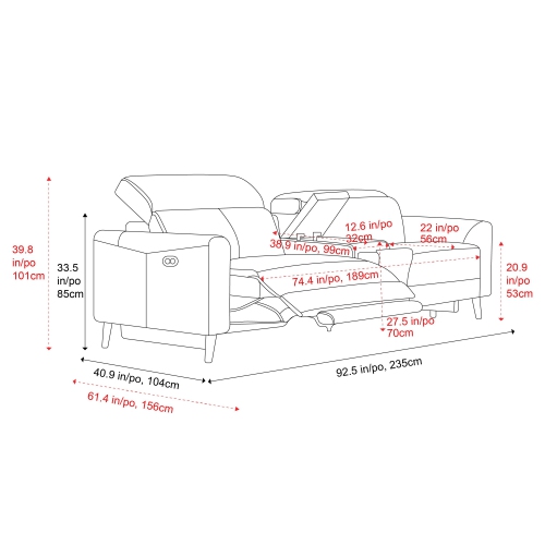 Valencia – Causeuse inclinable double en cuir Elodie avec console, cognac