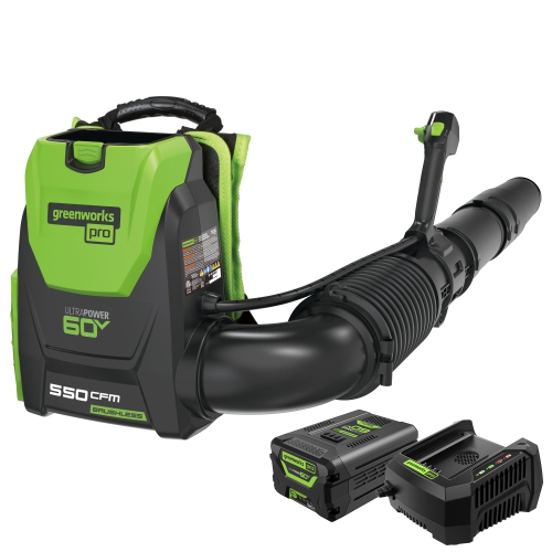 Greenworks 60V 550 CFM- 140 MPH Brushless Backpack Blower, 5.0Ah Battery and 6A Charger Included