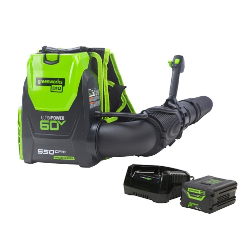 Greenworks 60V 550 CFM- 140 MPH Brushless Backpack Blower, 5.0Ah Battery and 6A Charger Included