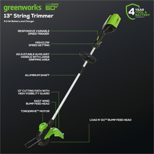 Greenworks 60V 13" Cordless String Trimmer & 540 CFM- 140 MPH Leaf Blower Combo Kit, 4.0 Ah Battery and Charger Included