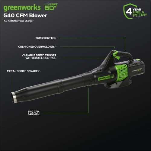 Greenworks 60V 13" Cordless String Trimmer & 540 CFM- 140 MPH Leaf Blower Combo Kit, 4.0 Ah Battery and Charger Included