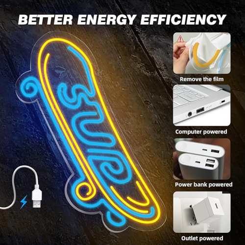 Eufrozy Led Neon Sign for Man Cave, Blue Skateboard Led Neon Light Sign 10 Dimmable Led Sign Lightning USB Powered Led Lights Signs for Game Room