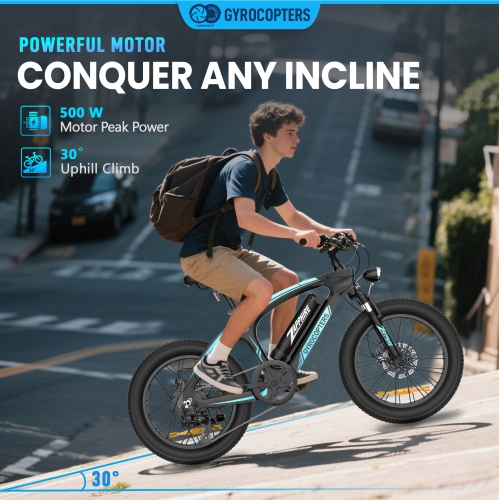 Gyrocopters Zapphire Fat Tire E-Bike for Adults – 500W, 20x3” Tires, Speed upto 32km/h, Long Range upto 91 Km SHIMANO 7-Speed Gear | Anti-theft GPS