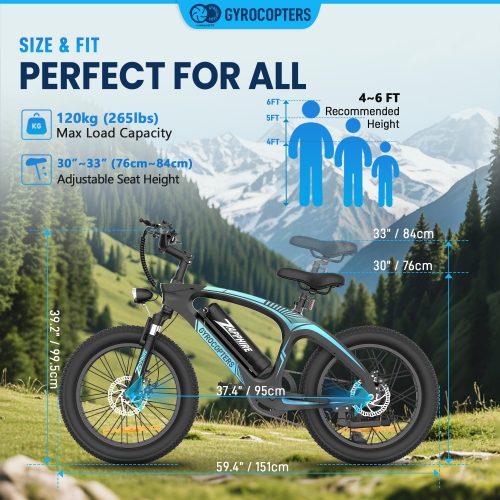 Gyrocopters Zapphire Fat Tire E-Bike for Adults – 500W, 20x3” Tires, Speed upto 32km/h, Long Range upto 91 Km SHIMANO 7-Speed Gear | Anti-theft GPS