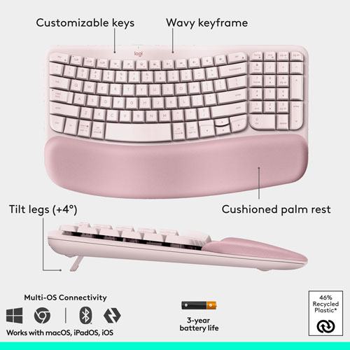 Ensemble souris et clavier ergonomique pleine grandeur à membrane Bluetooth Wave Keys de Logitech - Rose - Anglais - Exclusivité Best Buy