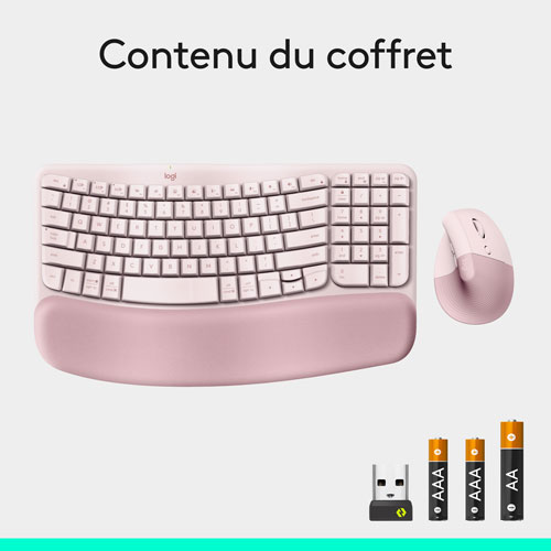 Ensemble souris et clavier ergonomique pleine grandeur à membrane Bluetooth Wave Keys de Logitech - Rose - Anglais - Exclusivité Best Buy