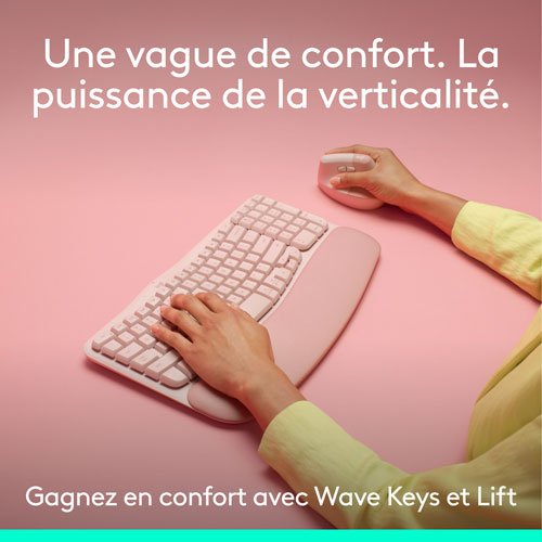 Ensemble souris et clavier ergonomique pleine grandeur à membrane Bluetooth Wave Keys de Logitech - Rose - Anglais - Exclusivité Best Buy