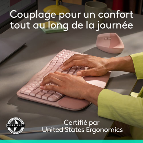Ensemble souris et clavier ergonomique pleine grandeur à membrane Bluetooth Wave Keys de Logitech - Rose - Anglais - Exclusivité Best Buy