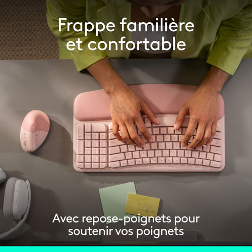 Ensemble souris et clavier ergonomique pleine grandeur à membrane Bluetooth Wave Keys de Logitech - Rose - Anglais - Exclusivité Best Buy