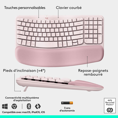 Ensemble souris et clavier ergonomique pleine grandeur à membrane Bluetooth Wave Keys de Logitech - Rose - Anglais - Exclusivité Best Buy
