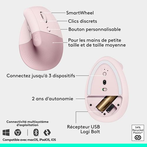 Ensemble souris et clavier ergonomique pleine grandeur à membrane Bluetooth Wave Keys de Logitech - Rose - Anglais - Exclusivité Best Buy