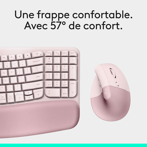 Ensemble souris et clavier ergonomique pleine grandeur à membrane Bluetooth Wave Keys de Logitech - Rose - Anglais - Exclusivité Best Buy