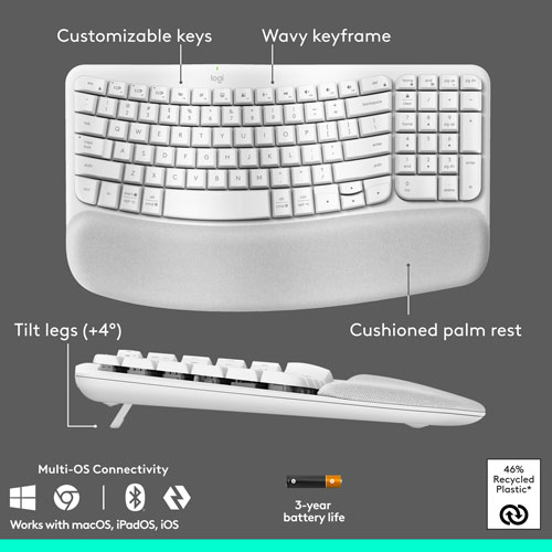 Ensemble souris et clavier ergonomique pleine grandeur à membrane Bluetooth Wave Keys de Logitech - Blanc - Anglais - Exclusivité Best Buy