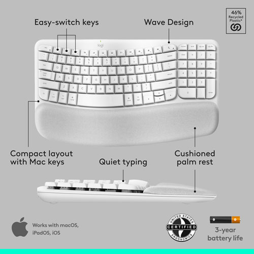 Logitech Wave Keys Bluetooth Membrane Full-Size Ergonomic Keyboard & Mouse Combo for Mac - White - EN -Only at Best Buy