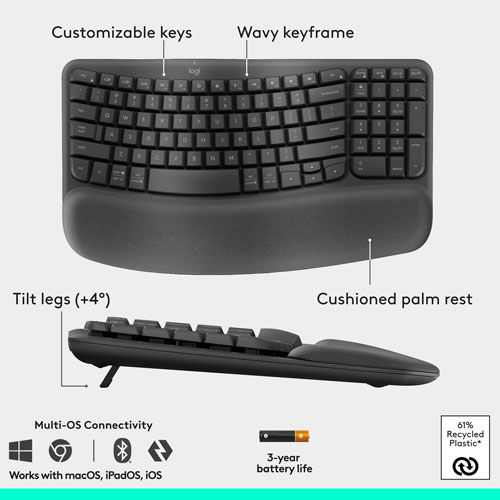 Ensemble souris et clavier ergonomique pleine grandeur à membrane Bluetooth Wave Keys de Logitech - Noir - Anglais