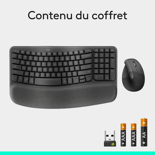 Ensemble souris et clavier ergonomique pleine grandeur à membrane Bluetooth Wave Keys de Logitech - Noir - Anglais