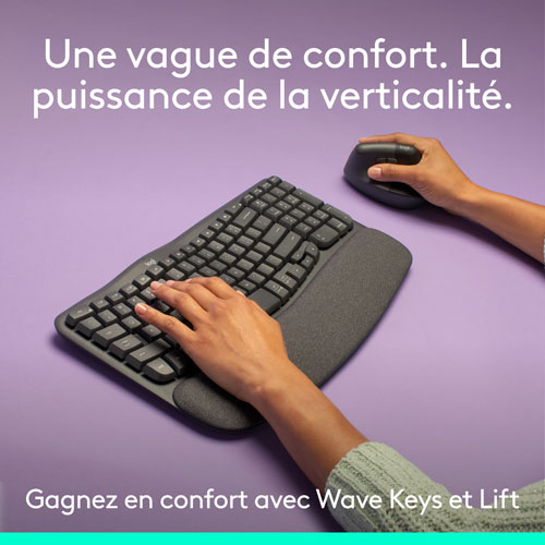 Ensemble souris et clavier ergonomique pleine grandeur à membrane Bluetooth Wave Keys de Logitech - Noir - Anglais