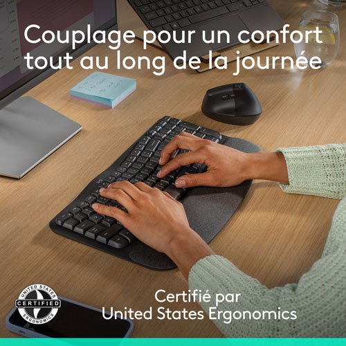 Ensemble souris et clavier ergonomique pleine grandeur à membrane Bluetooth Wave Keys de Logitech - Noir - Anglais