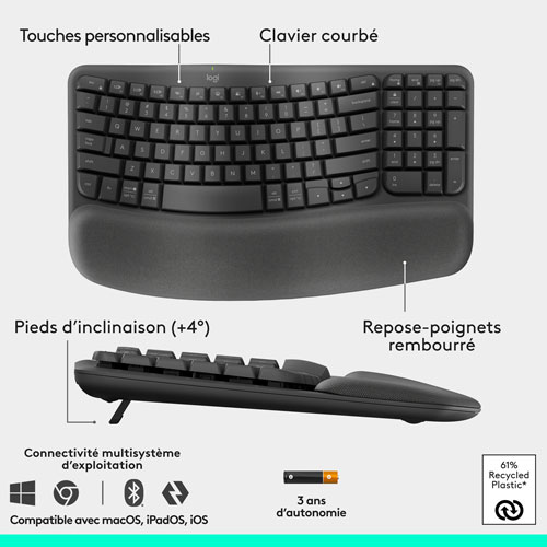 Ensemble souris et clavier ergonomique pleine grandeur à membrane Bluetooth Wave Keys de Logitech - Noir - Anglais