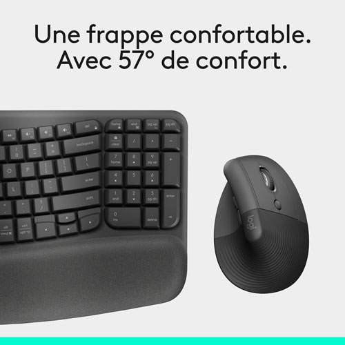 Ensemble souris et clavier ergonomique pleine grandeur à membrane Bluetooth Wave Keys de Logitech - Noir - Anglais