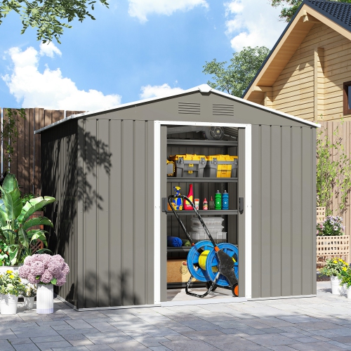 Outsunny 8' x 6' Outdoor Storage Shed, Metal Garden Tool Storage House with Lockable Sliding Doors and Vents for Backyard Patio Lawn, Light Grey