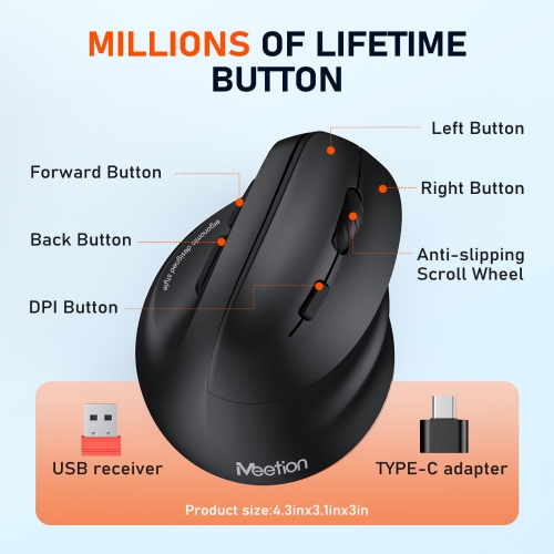 MEETION Ergonomic Mouse, Wireless Vertical Mouse RGB Backlit Rechargeable Mice for Bluetooth & 2.4G wireless 4 Adjustable DPI for