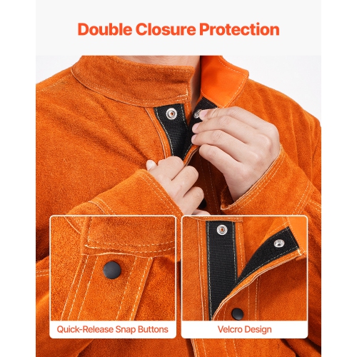 VEVOR 4 Pockets Leather Welding Jacket,Heavy Duty Cowhide Flame Resistant Welding Coat,Waterproof Heat-Resistant Safety Jacket with Adjustable Cuffs