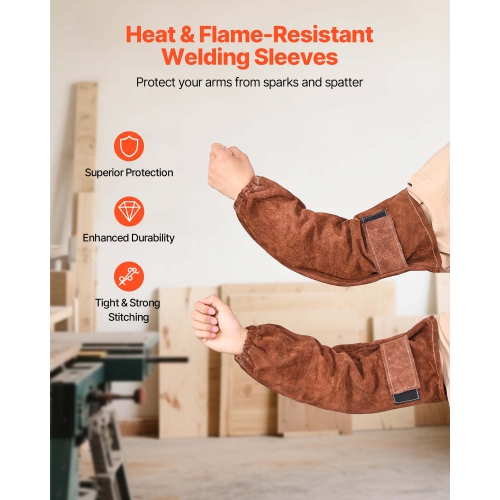 VEVOR Leather Welding Sleeves, Heavy Duty Cowhide Flame Resistant Work Sleeves for Arm Protection, Heat-Resistant Safety Sleeve for Welding,